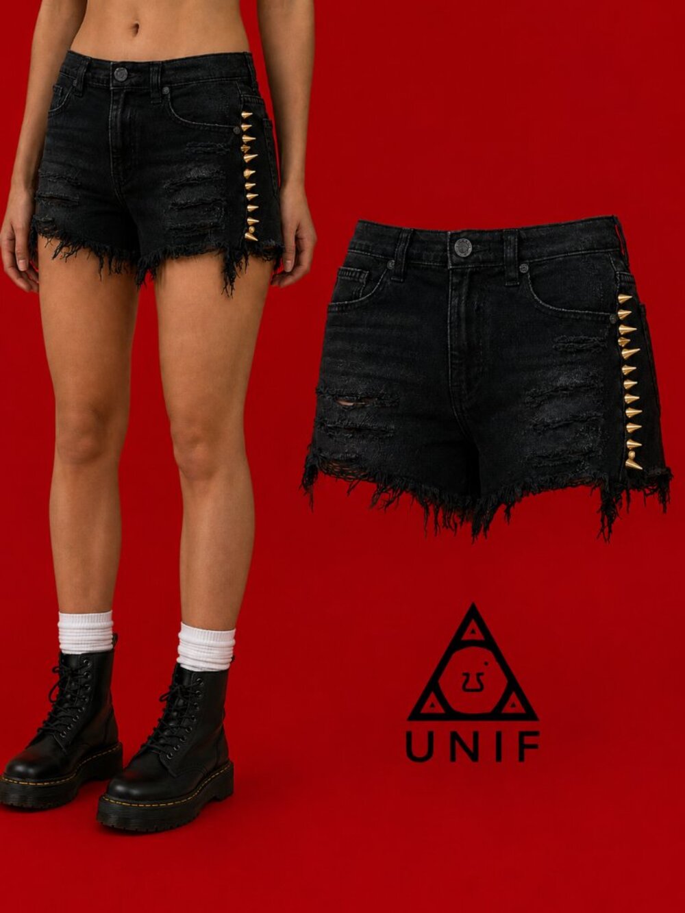 🎸𖤐🤘 PUNK ROCK GRANGE🤘𖤐🎸 UNIF Back Off Black Denim Shorts w/ Gold Spikes